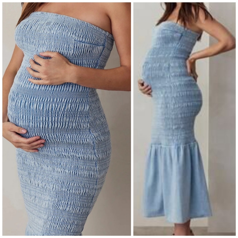 Strapless Light Blue Maternity Dress